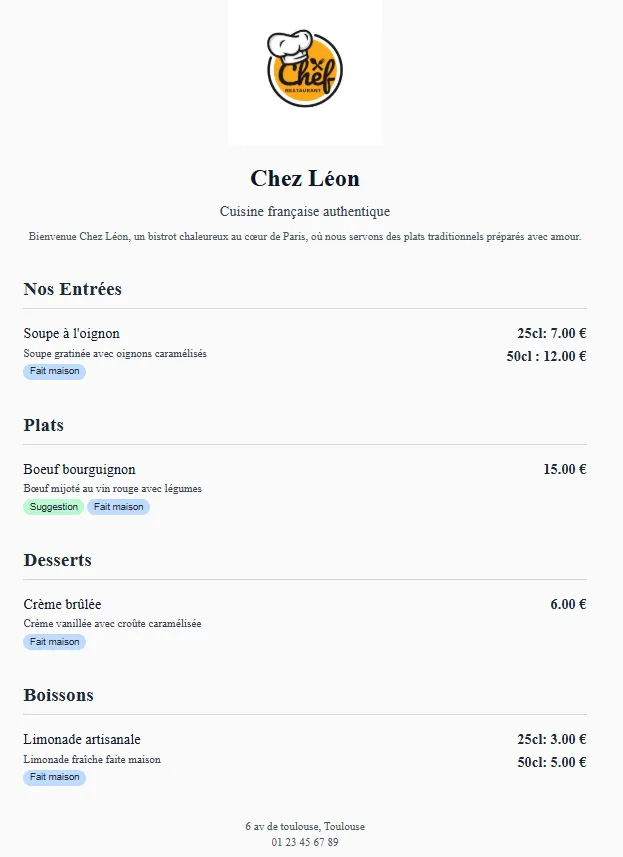 Menu numérique classique pour bistros et auberges en France